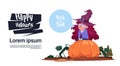 Cute Kid Wear Witch Costume Sit On Pumpkin, Happy Halloween Banner Party Celebration Concept Royalty Free Stock Photo