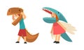 Cute Kid Wearing Dinosaur Costume as Carnival Outfit Vector Set Royalty Free Stock Photo