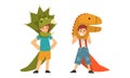 Cute Kid Wearing Dinosaur Costume as Carnival Outfit Vector Set Royalty Free Stock Photo