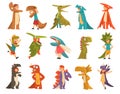 Cute Kid Wearing Dragon or Dinosaur Costume as Carnival Outfit Big Vector Set Royalty Free Stock Photo