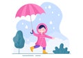 Cute Kid Wearing Raincoat, Rubber Boots and Carrying Umbrella In the Middle of Rain Showers. Flat Background Cartoon Illustration