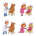 Cute kid wearing white coat playing doctor. Children examining treating toy doll and teddy bear. Kindergarten fun. Home