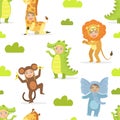 Cute Kids in African Animals Costumes Seamless Pattern, Birthday Party, Masquerade Design Element Vector illustration Royalty Free Stock Photo