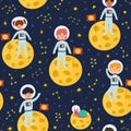 Cute kids astronauts on the Moon seamless pattern. Space background