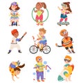 Cute Kids Athlete Cycling, Skateboarding and Playing Hockey Vector Illustration Set Royalty Free Stock Photo