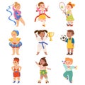 Cute Kids Athlete Roller Skating and Running Marathon Vector Illustration Set Royalty Free Stock Photo