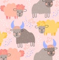 Cute kids background pattern of farmyard animals with woolly sheep and cows with horns on a pale pink background with