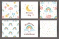 Cute kids backgroung set in cartoon style Dream big Rainbos smiling clouds stars pattern Cards quote vector