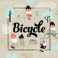 Cute Kids on Bicycle Design. Childish Background