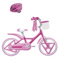 Cute kids bicycle for a girl and protective helmet. Vector illustration isolated on white background Royalty Free Stock Photo