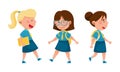 Cute kids in blue school uniform set. Schoolgirls going to school cartoon vector illustration