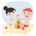 cute kids boy and girl build sandcastle in summer flat vector Royalty Free Stock Photo