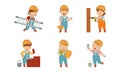 Cute kids builders set. Children wearing overalls and hard hats drilling, painting walls and laying bricks cartoon