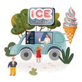 Cute kids buy ice cream from woman vendor in car truck summertime, funny delivery van