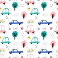 Cute kids cars vector seamless pattern. Fun cartoon auto transport, trees, rainbow and doodle elements with texture