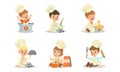 Cute Kids Chefs Characters Set, Adorable Little Children in Uniform and Chef Hat Cooking and Baking in the Kitchen