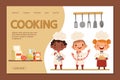 Cute kids chefs - cooking landing page banner template with cartoon character children and utensils