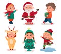 cute kids in Christmas costumes of a tree, deer, elf. the child carries gifts