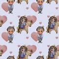 Cute kids collection. Seamless pattern. Fabulous Children - a girl-princess on a horse with flowers and a prince with a crown on a