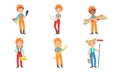 Cute Kids Construction Workers Set, Boys and Girls Builders Characters in with Professional Tools Vector Illustration