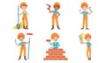 Cute Kids Construction Workers Set, Boys and Girls Builders Characters in Uniform and Hard Hats with Professional Tools