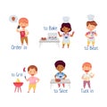 Cute kids cooking in kitchen demonstrating action verbs. Little children baking, beating, grilling, slicing vector