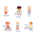 Cute kids cooking in kitchen demonstrating action verbs. Little children boiling, eating, washing vector illustration