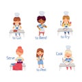 Cute kids cooking in kitchen demonstrating action verbs. Little children cutting, blending, frying, serving and peeling