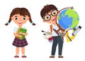 Cute kids couple with school supplies. School boy and girls childs with books and other school supplies. Back to school