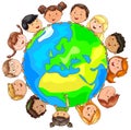 Cute kids different nationalities around planet Earth Royalty Free Stock Photo