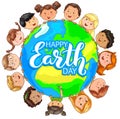 Cute kids different nationalities hold planet on happy Earth day