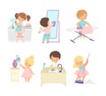 Cute kids doing housework chores set. Little boys and girls sweeping and mopping floor, washing dishes cartoon vector