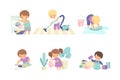 Cute kids doing housework chores set. Little boys and girls sweeping and mopping floor, washing dishes cartoon vector