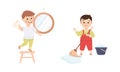 Cute kids doing housework chores set. Little boys wiping mirror and mopping floor cartoon vector illustration