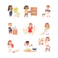 Cute Kids Doing Housework and Housekeeping Washing the Dishes and Dusting Vector Set