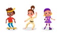 Cute kids doing sports set. Girl and boy riding skateboard, practicing martial arts and roller skating cartoon vector Royalty Free Stock Photo