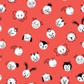 Cute kids doodle animal Polka dots seamless vector background. Pattern with white circles with animal faces on red Royalty Free Stock Photo