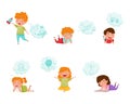 Cute kids dreaming with speech bubbles over their heads set cartoon vector illustration