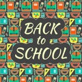 Cute kids educational colorful vector poster with school equipment with funny back to school text on pattern background
