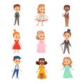 Cute Kids in Elegant Clothes Set, Cute Boys and Girls Wearing Retro Clothes Cartoon Style Vector Illustration Royalty Free Stock Photo