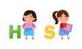 Cute kids with English alphabet letters. Little girls and H,S letters cartoon vector illustration