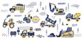 Cute kids excavator, truck and bulldozer. Doodle style drawing city toys like tractor and concrete mixer, boho little