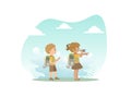 Cute Kids in Explorer Outfit Hiking, Girl Looking Through Binoculars Vector Illustration Royalty Free Stock Photo