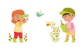 Cute kids exploring birds and insects in forest or park set. Nature lovers looking through binoculars and reading book