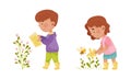 Cute kids exploring plants and insects in forest or park set cartoon vector illustration