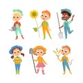 Cute Kids Farmer or Gardener Working in the Yard Vector Set