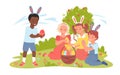 Cute kids find hidden Easter eggs with patterns, adorable children wear bunny ears