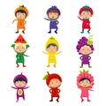 Cute Kids in Fruit and Berry Costumes Vector