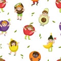 Cute Kids in Fruits Costumes Seamless Pattern, Adorable Children Dressed Like Fruit, Design Element Can Be Used for