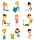 Cute kids gardening and picking up garbage set, boys and girls planted and watering young trees vector Illustrations on Royalty Free Stock Photo
